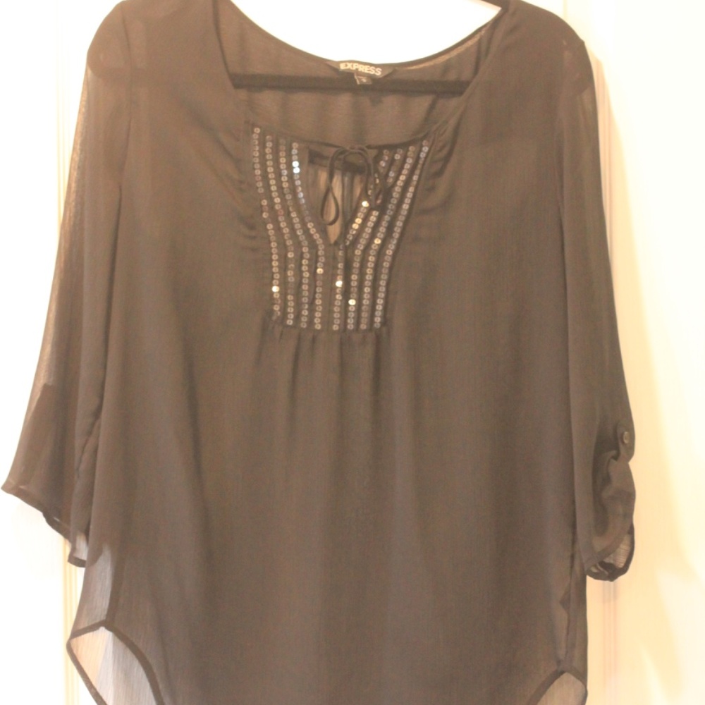 Express Black Sheer Sequin Tie-Neck Blouse – Size M